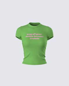 When being delulu is always the solulu 🙃 This green graphic tee made from stretch jersey fabric and complete with a baby tee fit, a crewneck, and a “may all your delulu become trululu” graphic 💚 Girly Graphic Tees, Brat Party, Being Delulu, Green Graphic Tee, Women Graphic Tees, Future Of Fashion, Welcome To The Future, Baby Graphic Tees