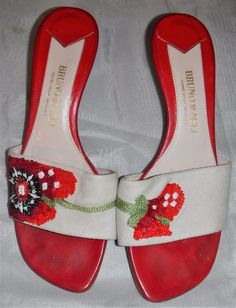 Vintage Bruno Magli Embroidered Poppy Slides Sandals Italy Size 36 1/2 European 6 US by ShonnasVintage on Etsy Spring Slip-on Mules With Red Sole, Embellished Open Toe Mules For Spring, Spring Embellished Open Toe Mules, Embellished Open Toe Mules For Summer, Spring Embellished Red Sandals, Red Embellished Sandals For Spring, Summer Slip-on Mules With Red Sole, Spring Open Toe Mules With Red Sole, Leather Embellished Low Heel Sandals