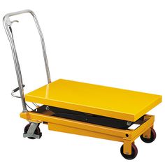 a yellow dolly cart with wheels on white background