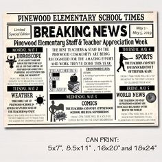 an old newspaper advertises breaking news for the elementary school, which is now in print