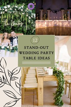 the wedding party table is decorated with greenery and flowers, while the bride and groom are