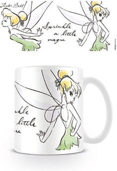 a coffee mug with two pictures of tinkerbells on it