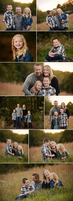 a collage of family photos taken in an open field with the sun setting behind them