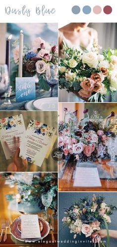 a collage of photos with flowers, candles and menus on them in different colors