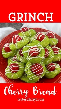 a red plate topped with green candy covered in white icing