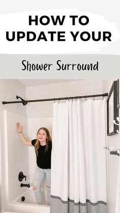 a girl standing in the shower with her arms up