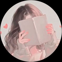 a woman holding an open book in front of her face with hearts around her head