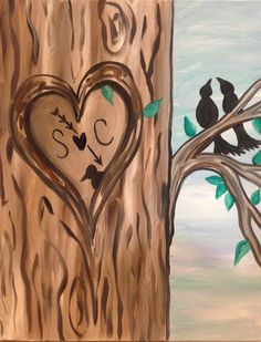 a painting of two birds sitting on a tree with a heart in the middle and initials carved into it