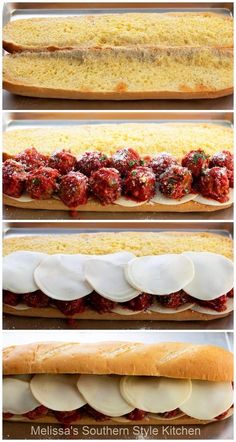 three different views of food in pans with sauce and cheese on them, including meatballs