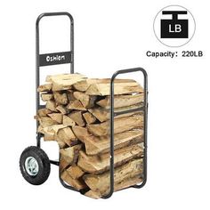 a hand truck filled with logs on top of a white background and an image of the company logo above it