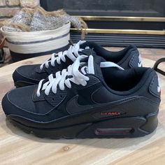 Nike Air Max 90 Black Sports Red White Black Mens Us7/Euro40 Excellent Used Condition Dc 9388-002 Nike Air Max 90 Black, Air Max 90 Black, Nike Air Max 90, Black Nikes, Air Max, Nike Air Max, Nike Men, Nike Shoes, Black Color