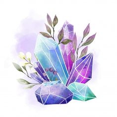 watercolor painting of crystals and flowers on a white background with purple, blue, and green leaves