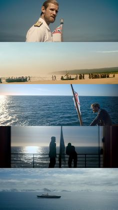 four different pictures with people standing on the beach and in front of them are ships