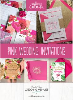 pink and gold wedding stationery with matching envelopes, cards, and place cards