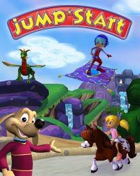 an animated image of some people and animals in front of a jump'n'start sign