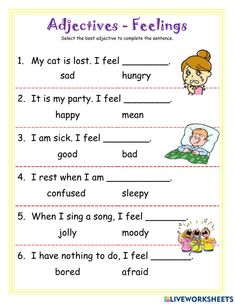 worksheet for kids to practice feelings and feelings in the english speaking language, with pictures