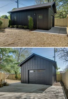 before and after photos of a garage in the yard