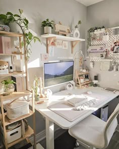 a desk with a computer on top of it next to a shelf filled with plants