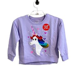 New With Tags Girls Disney Parks Purple Rainbow Unicorn Flip Sequin Sweatshirt Sz Xs Purple Long Sleeve Cartoon Print Sweatshirt, Purple Long Sleeve Sweatshirt With Cartoon Print, Casual Purple Sweatshirt With Cartoon Print, Cotton Unicorn Print Crew Neck Top, Cotton Crew Neck Top With Unicorn Print, Pink Unicorn Print Long Sleeve Top, Purple Crew Neck Top With Cartoon Print, Pink Long Sleeve Tops With Unicorn Print, Pink Long Sleeve Top With Unicorn Print