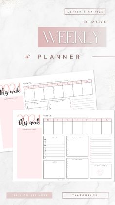 the printable weekly planner is shown on top of a marble background with pink accents