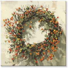 an oil painting of a wreath with orange and yellow flowers on it, against a white background