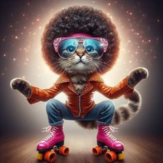 a cat wearing sunglasses and riding on roller skates with an afro hairdoodle