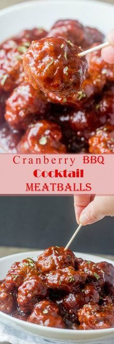 cranberry bbq cocktail meatballs on a white plate with text overlay