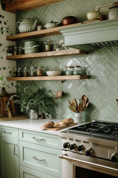 22 Herringbone Backsplash Subway Tile Ideas for a Stylish Kitchen Green Kitchen With White Cabinets, Herringbone Backsplash Subway Tile, Subway Tile Ideas, Backsplash Subway Tile, Green Kitchen Backsplash, Green Tile Backsplash, Olive Green Kitchen, Green Kitchens, Sage Kitchen