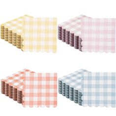 four napkins with different colors and patterns are shown in the same pattern as each other