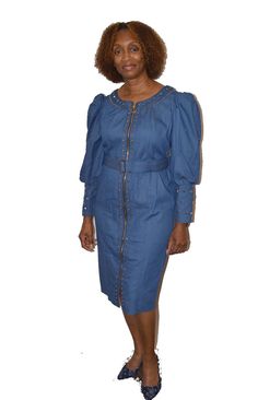 Terramina 7897 Fall Blue Knee-length Denim Dress, Fall Blue Denim Dress, Fitted Indigo Denim Midi Dress, Fall Knee-length Denim Dress, Fitted Knee-length Denim Blue Denim Dress, Chic Indigo Denim Dress, Fitted Denim Blue Dress, Fitted Blue Denim Dress For Fall, Fitted Indigo Dress For Fall