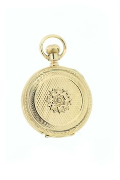 This 14 yellow gold Waltham pocket watch has a beautifully engraved watch case that has a star like flower in the center, surround by geometric patterns. The other side of the case has a flower engraved shield with "J.F.A". The dial is is porcelain and has a hairline from 1-6, but is still sound otherwise. The dust cover is blank and the movement is marked "W.M. Ellery" and 2467929.The case of the watch measures 41.06mm round and sits 13mm tall.--Please reference our policy for more details-- ** Timeless Engraved Yellow Gold Watch, Engraved Yellow Gold Pocket Watch With Round Dial, Timeless Engraved Jewelry And Watches With Round Dial, Victorian Engraved Watch With Round Dial, Timeless Engraved Round Dial Jewelry And Watches, Victorian Engraved Watches With Round Dial, Victorian Style Engraved Watch With Round Dial, Yellow Gold Self-winding Round Pocket Watch, Yellow Gold Self-winding Pocket Watch