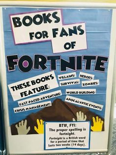 a sign that says books for fans of fortnite