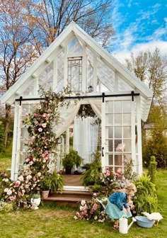 Hartley Greenhouse, White Greenhouse, She Shed Decorating Ideas, Greenhouse Photoshoot, Small Stone Cottage, Greenhouse Pictures, Window Greenhouse