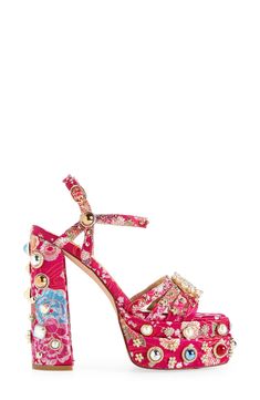 This striking sandal raised on a hearty platform and block heel is sprawling with embroidered flowers, sparkling crystals and bezel-set beads. 5 1/2" heel Textile upper/synthetic lining and sole Imported Asian Owned/Founded Wang Heels, Shoe Model, Azalea Wang, Rhinestone Sandals, Chunky Sandals, Chunky High Heels, Fashion Collage, Crystal Brooch, Pink Heels