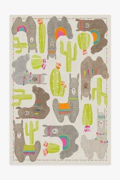 an animal themed rug with cactus and animals on it in various colors, shapes and sizes