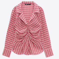 Nwt Zara Gingham Ruched Plaid Shirt. Button Front With Long Sleeves. Art: 9509/225 Zara Pink Tops With Buttons, Zara Pink Shirt For Work, Pink Ruched Long Sleeve Blouse, Zara Pink Button-up Blouse, Pink Zara Blouse With Button Closure, Zara Pink Blouse With Button Closure, Casual Gingham Zara Tops, Zara Gingham Casual Tops, Zara Poplin Shirt