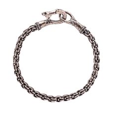 Richly handcrafted from the finest sterling silver, the SILVER MODERN LINK Bracelet for Men is a bold and solid metal bracelet with a contemporary design. Doubled up oval links and a hammered silver clasp come together to form a uniquely modern men's bracelet with an old-world aesthetic. A small skull design is carved into the hook clasp for that extra touch of John Varvatos' signature rebel edge. Size: 8 inches long and 3/8 inch wide. Material: 925 Sterling Silver. (c) Copyright Tribal Hollywoo Mens Designer Jewelry, Small Skull, Mens Bracelet Silver, Metal Bracelet, Men's Bracelet, John Varvatos, Hook Clasp, Skull Design, Hammered Silver