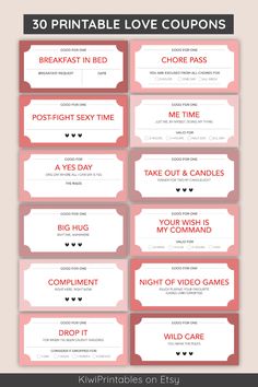 coup cards with the words printable love coupons on them and hearts in red