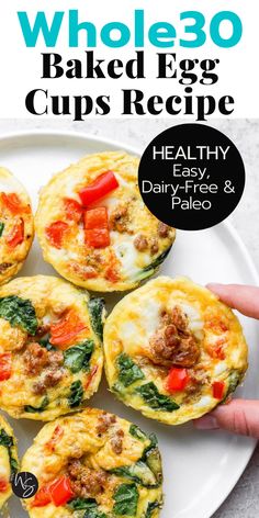 the cover of whole 30 baked egg cups recipe on a white plate with text overlay