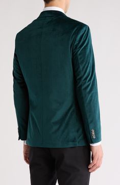 Look sophisticated at your next soirée in this dapper dinner jacket crafted from luxuriously soft velvet. Two-button closure Notched lapels Chest welt pocket; front flap pockets Lined 100% polyester Dry clean Imported Formal Green Sport Coat With Button Closure, Green Sport Coat With Button Closure For Formal Occasions, Semi-formal Velvet Outerwear With Lapel Collar, Classic Velvet Outerwear With Button Closure, Formal Velvet Blazer With Double Button, Business Velvet Outerwear With Suit Collar, Elegant Velvet Blazer With Button Closure, Classic Single Button Velvet Outerwear, Business Velvet Outerwear With Lapel Collar