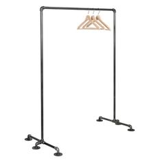 two clothes hangers on wheels and one is black with wooden coat racks in the middle