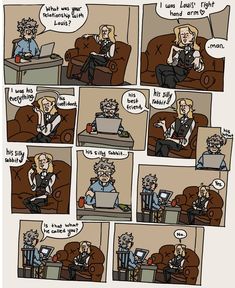 a comic strip with an older man sitting in a chair