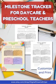 a pile of school supplies with text that reads, milestone tracker for day care and preschool teachers