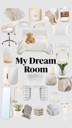 a collage of white furniture and decor with the words'my dream room '