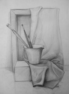 a pencil drawing of a cup and two brushes