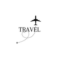 the word travel is written in black and white with an airplane flying over it's head