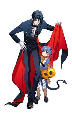 an anime character holding onto another character's coat and standing in front of a white background