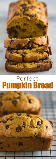 pumpkin bread with chocolate chips on top and the words perfect pumpkin bread above it in two pictures