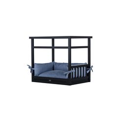 a black bunk bed with blue sheets and pillows on the bottom shelf, against a white background