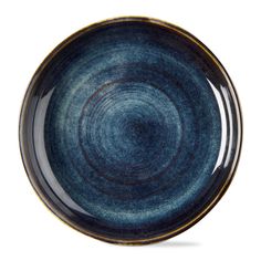 a blue and black plate with gold rims on the bottom, against a white background